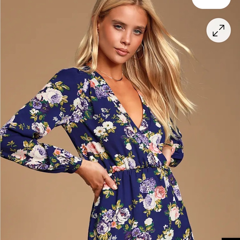 Lulu's Floral Long Sleeve Dress in Navy and Lavender